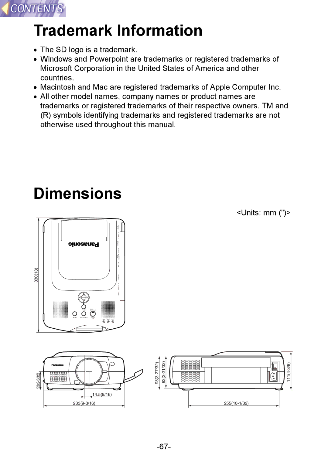 Panasonic PT-L712NTE manual Trademark Information, Dimensions 