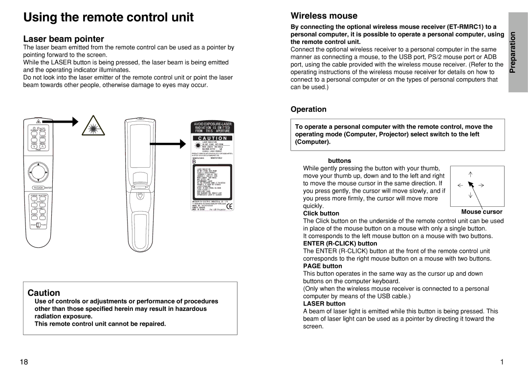 Panasonic PT-L720U manual Using the remote control unit, Laser beam pointer, Wireless mouse 