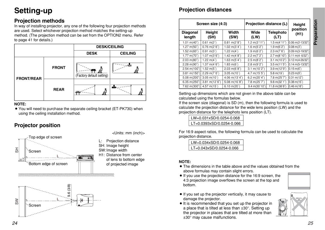 Panasonic PT-L720U manual Setting-up, Projection methods, Projection distances, Projector position 