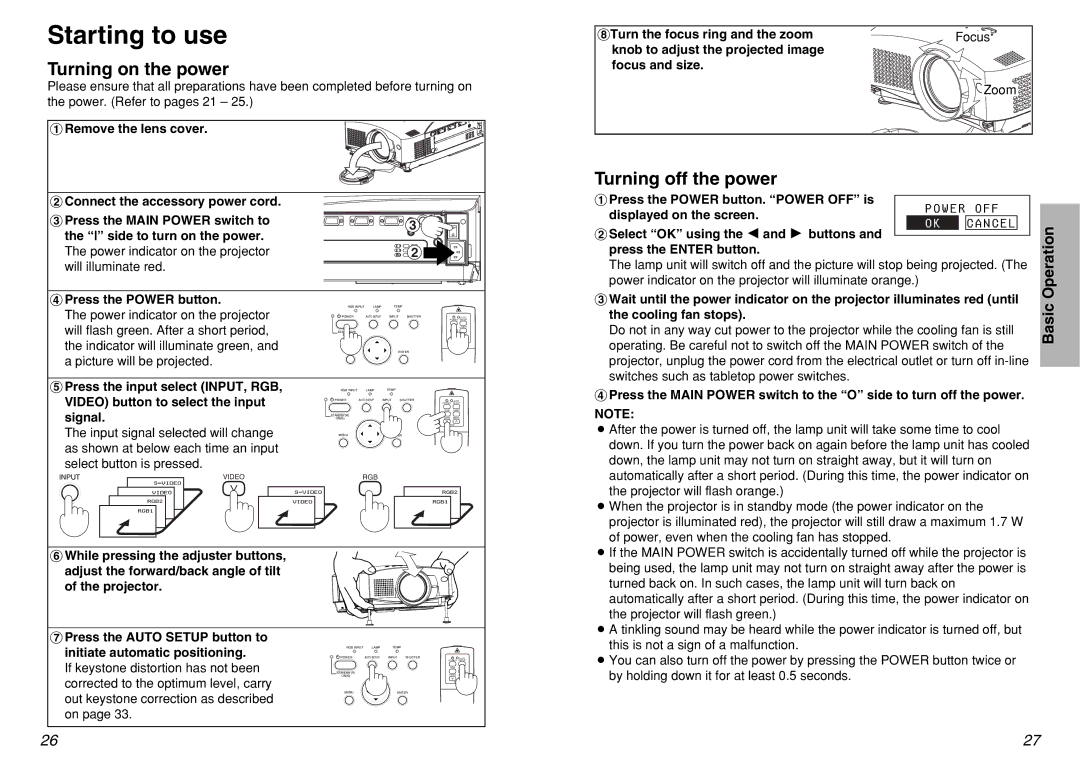 Panasonic PT-L720U manual Starting to use, Turning on the power, Turning off the power 