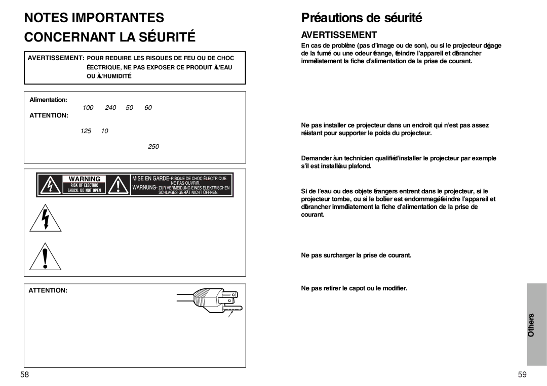 Panasonic PT-L720U manual Précautions de sécurité, Avertissement, Ne pas surcharger la prise de courant, Technique agréé 