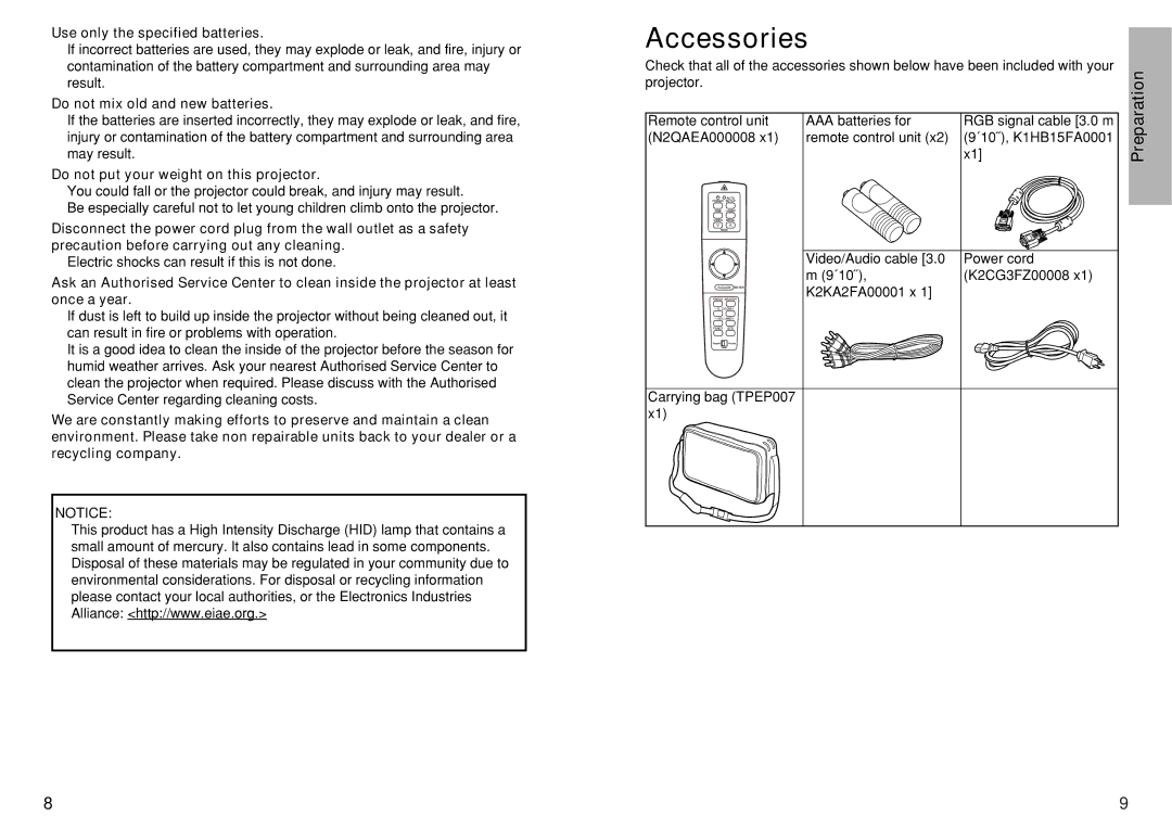 Panasonic PT-L720U manual Accessories, Use only the specified batteries, Do not mix old and new batteries 