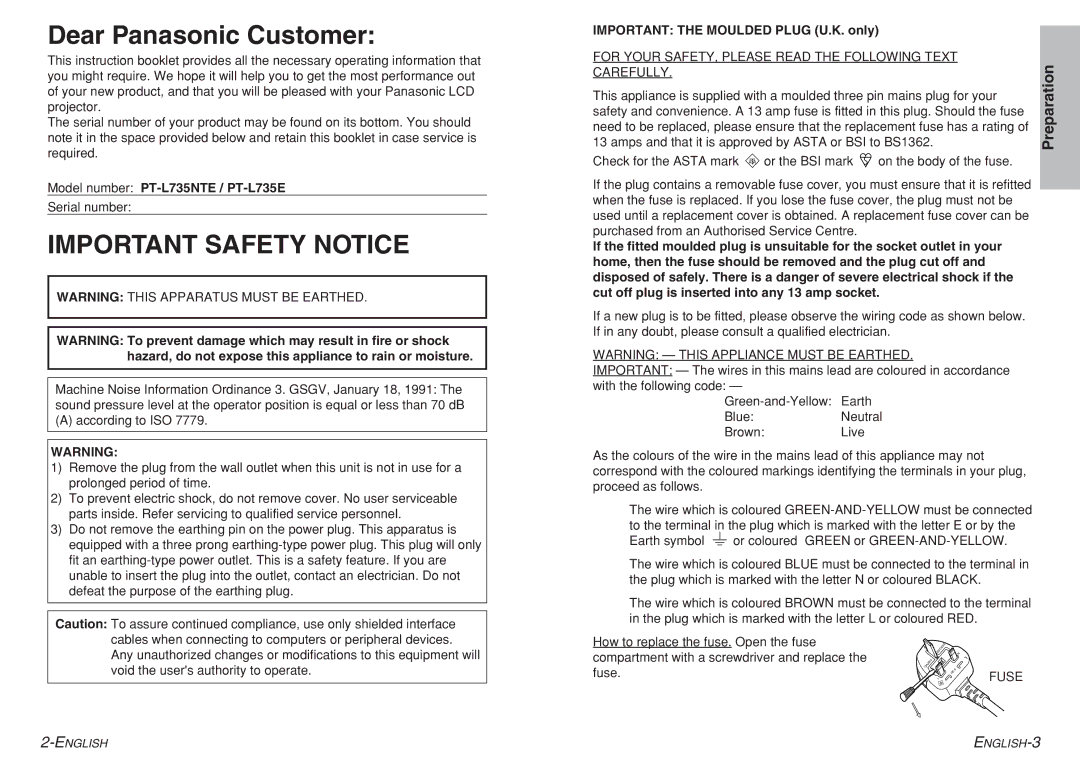 Panasonic dimensions Dear Panasonic Customer, Preparation, Model number PT-L735NTE / PT-L735E 