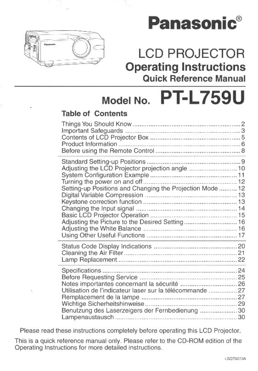 Panasonic PT-L759U manual 