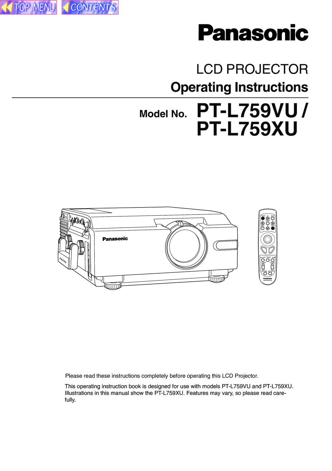 Panasonic PT-L759VU manual PT-L759XU 