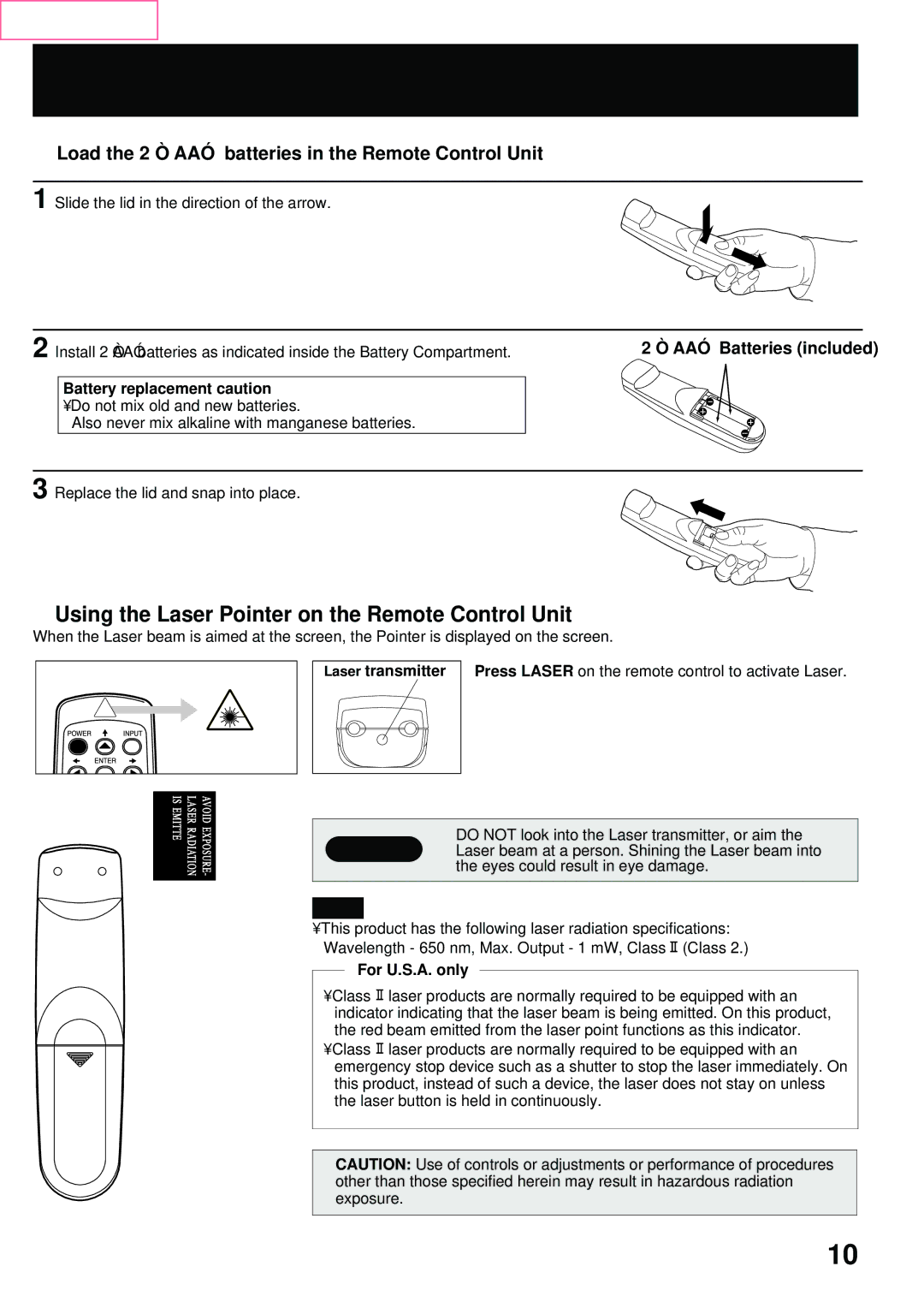 Panasonic PT-L759XU, PT-L759VU Before using the Remote Control Unit, Using the Laser Pointer on the Remote Control Unit 