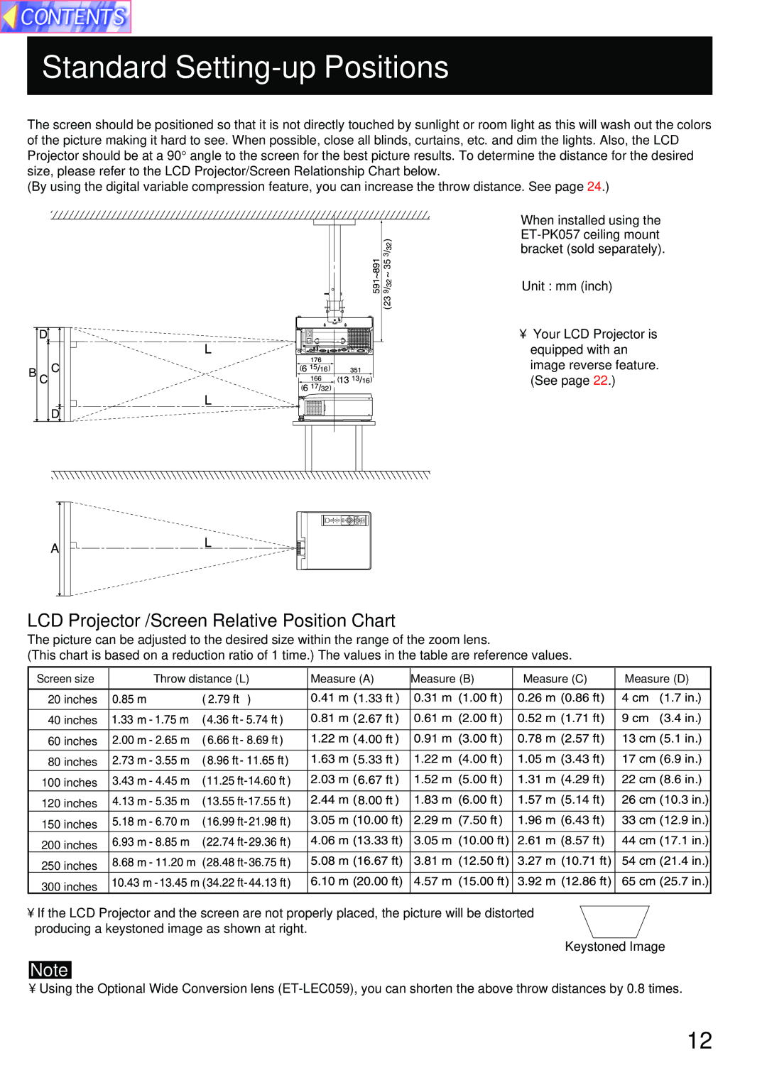 Panasonic PT-L759XU, PT-L759VU manual Standard Setting-up Positions, LCD Projector /Screen Relative Position Chart 