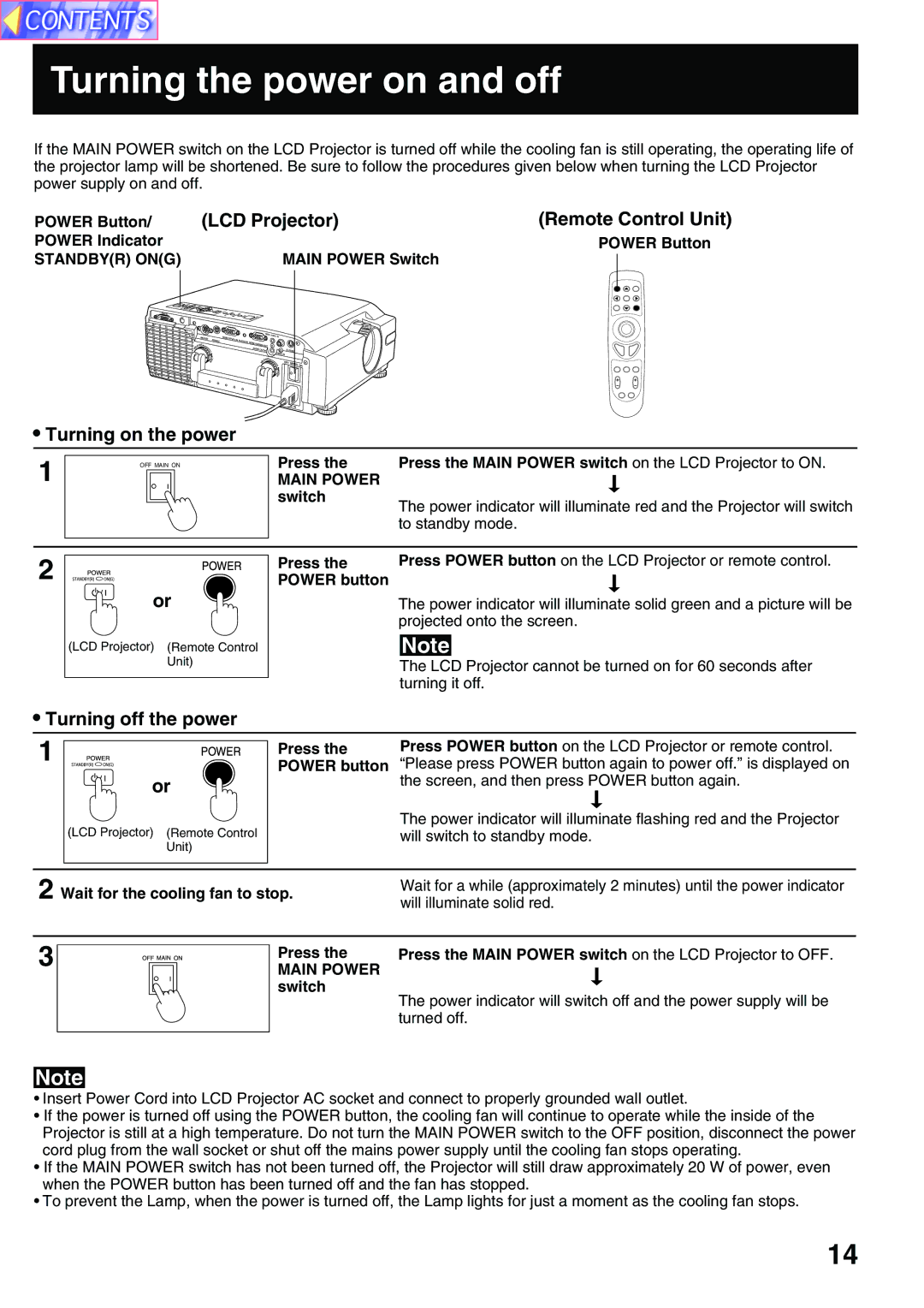 Panasonic PT-L759XU, PT-L759VU manual Turning the power on and off, LCD Projector Remote Control Unit, Turning on the power 