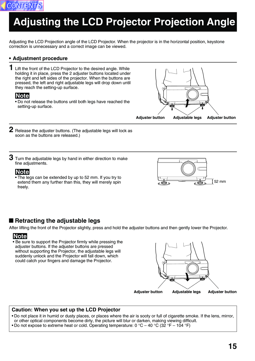 Panasonic PT-L759VU Adjusting the LCD Projector Projection Angle, Retracting the adjustable legs, Adjustment procedure 