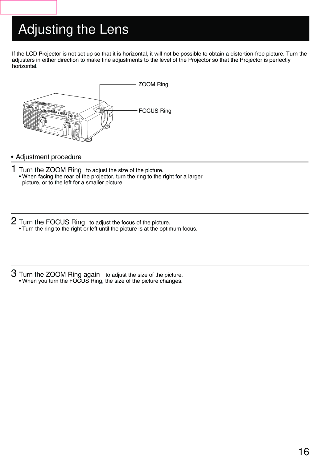 Panasonic PT-L759XU, PT-L759VU manual Adjusting the Lens, Zoom Ring Focus Ring 