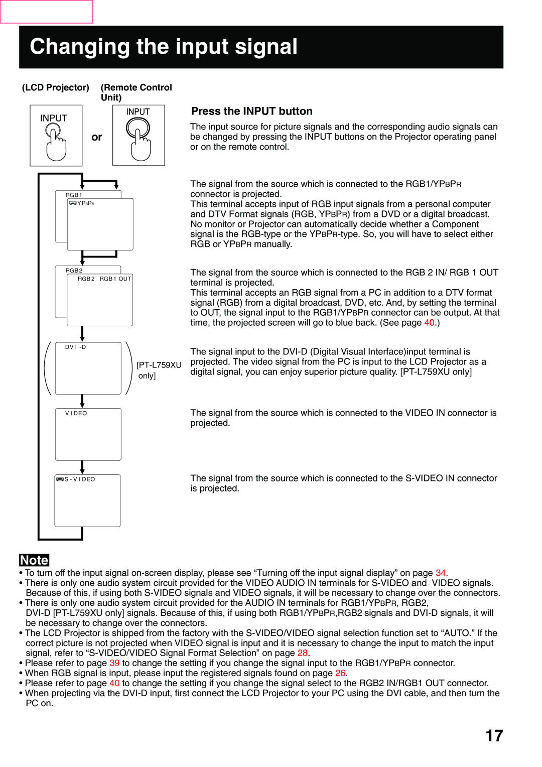 Panasonic PT-L759VU, PT-L759XU manual Changing the input signal, Press the Input button, LCD Projector Remote Control Unit 