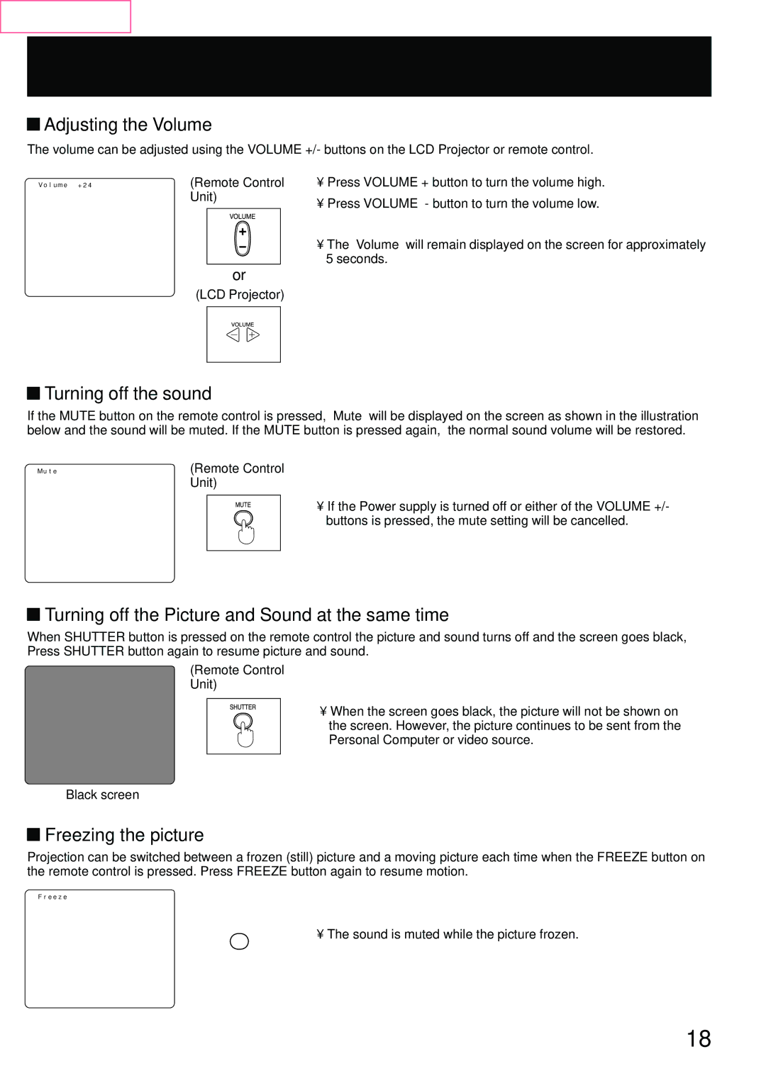 Panasonic PT-L759XU manual Basic LCD Projector Operation, Adjusting the Volume, Turning off the sound, Freezing the picture 