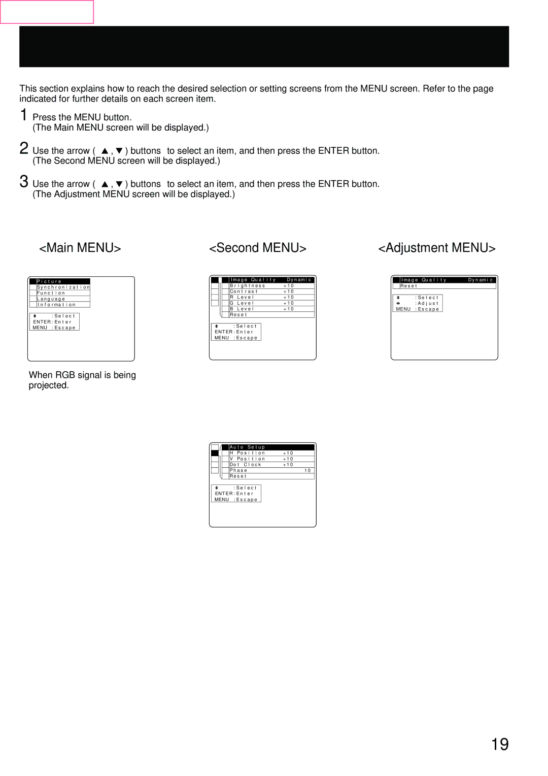 Panasonic PT-L759VU, PT-L759XU manual Menu operation guide, Main Menu, Second Menu, Adjustment Menu 