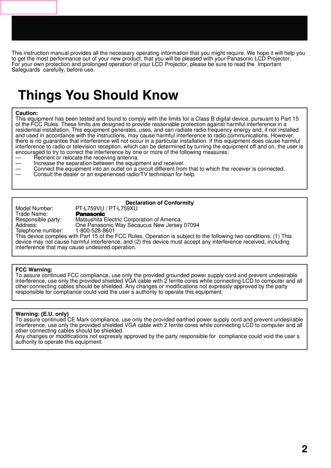 Panasonic PT-L759XU, PT-L759VU manual Dear Panasonic Customer, Declaration of Conformity, FCC Warning 