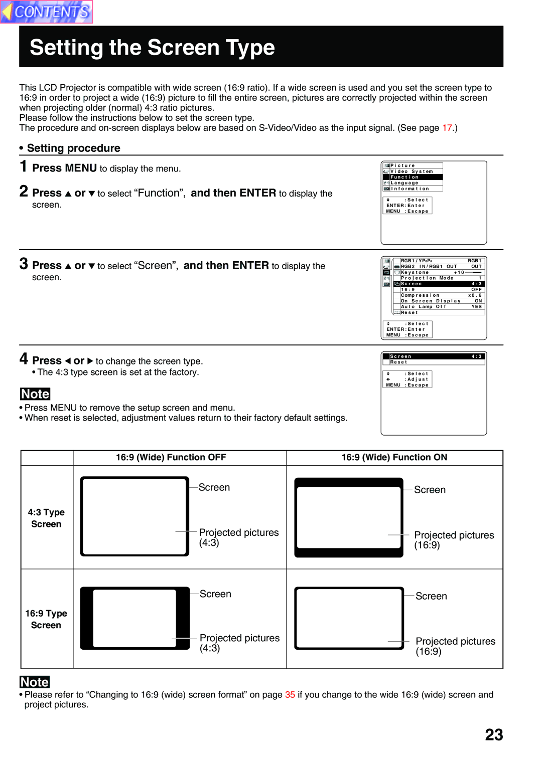 Panasonic PT-L759VU, PT-L759XU manual Setting the Screen Type, Wide Function OFF Wide Function on, Type Screen 