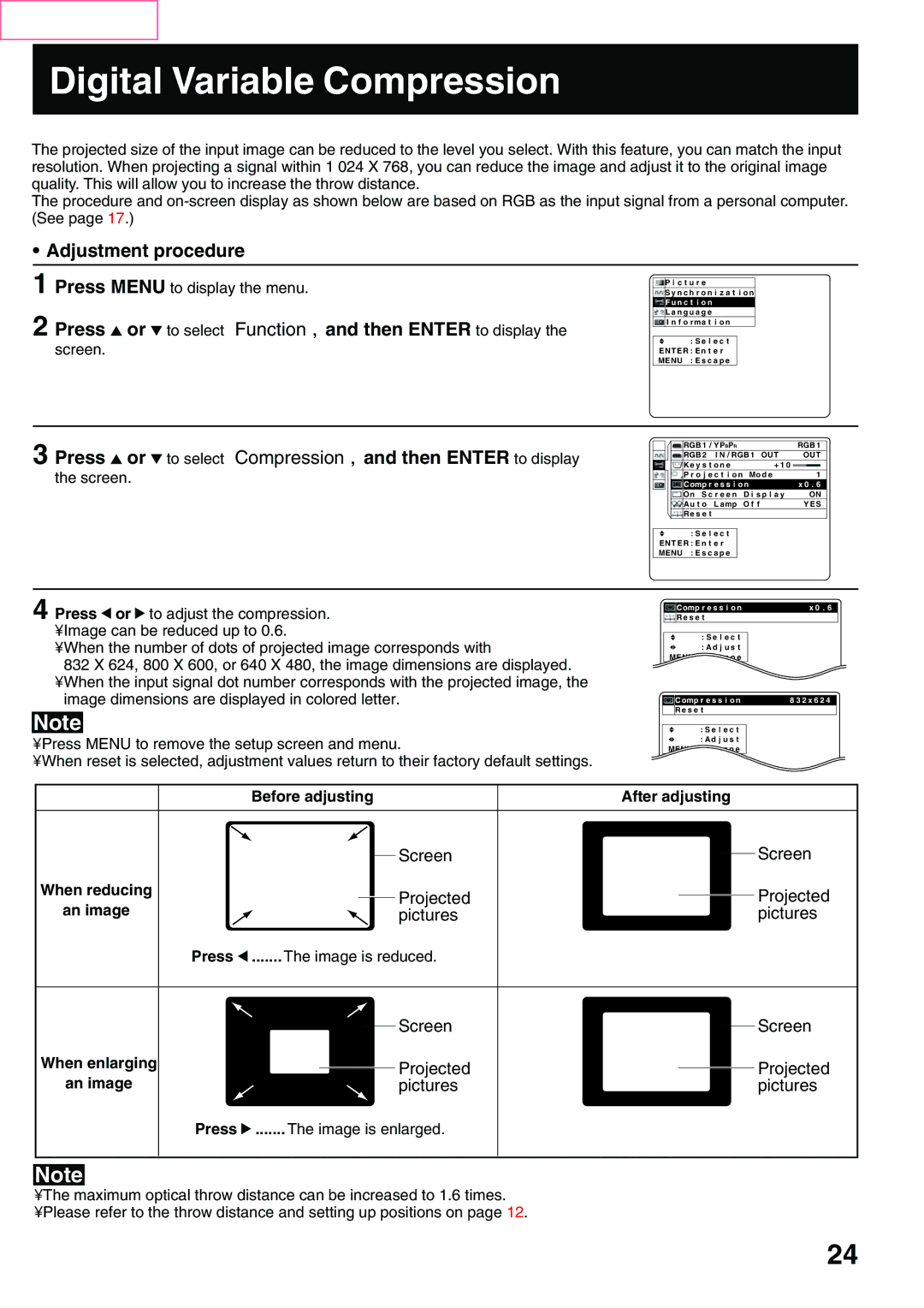 Panasonic PT-L759XU Digital Variable Compression, Press or to select Compression, and then Enter to display, An image 