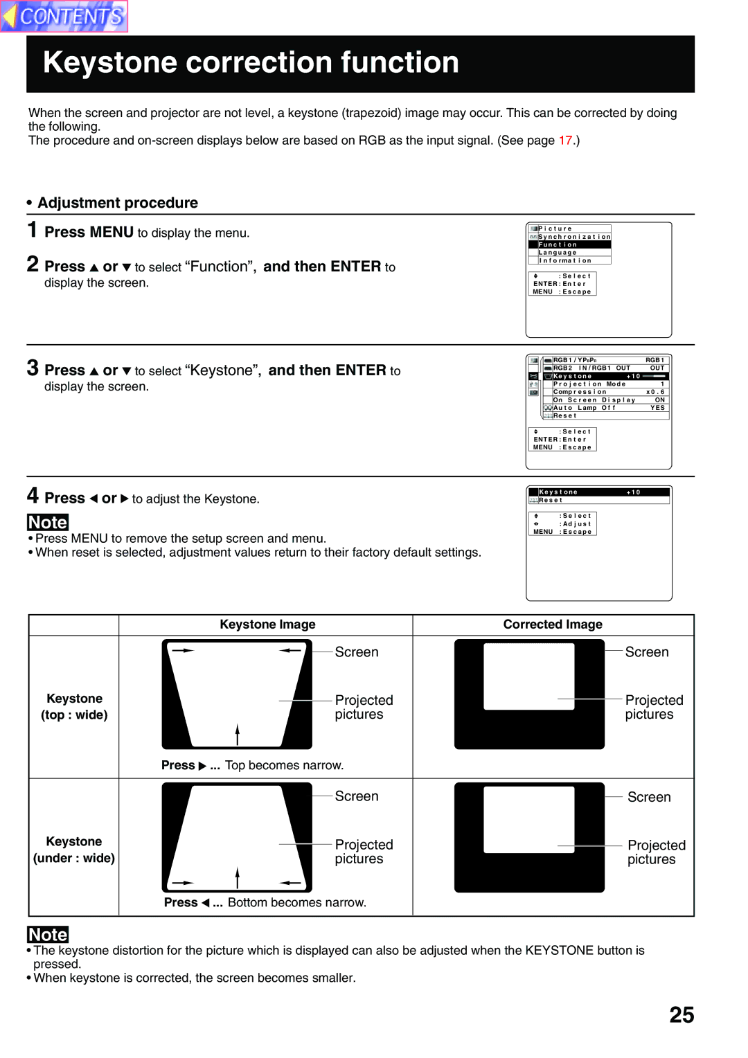 Panasonic PT-L759VU, PT-L759XU manual Keystone correction function, Press or to select Function, and then Enter to 