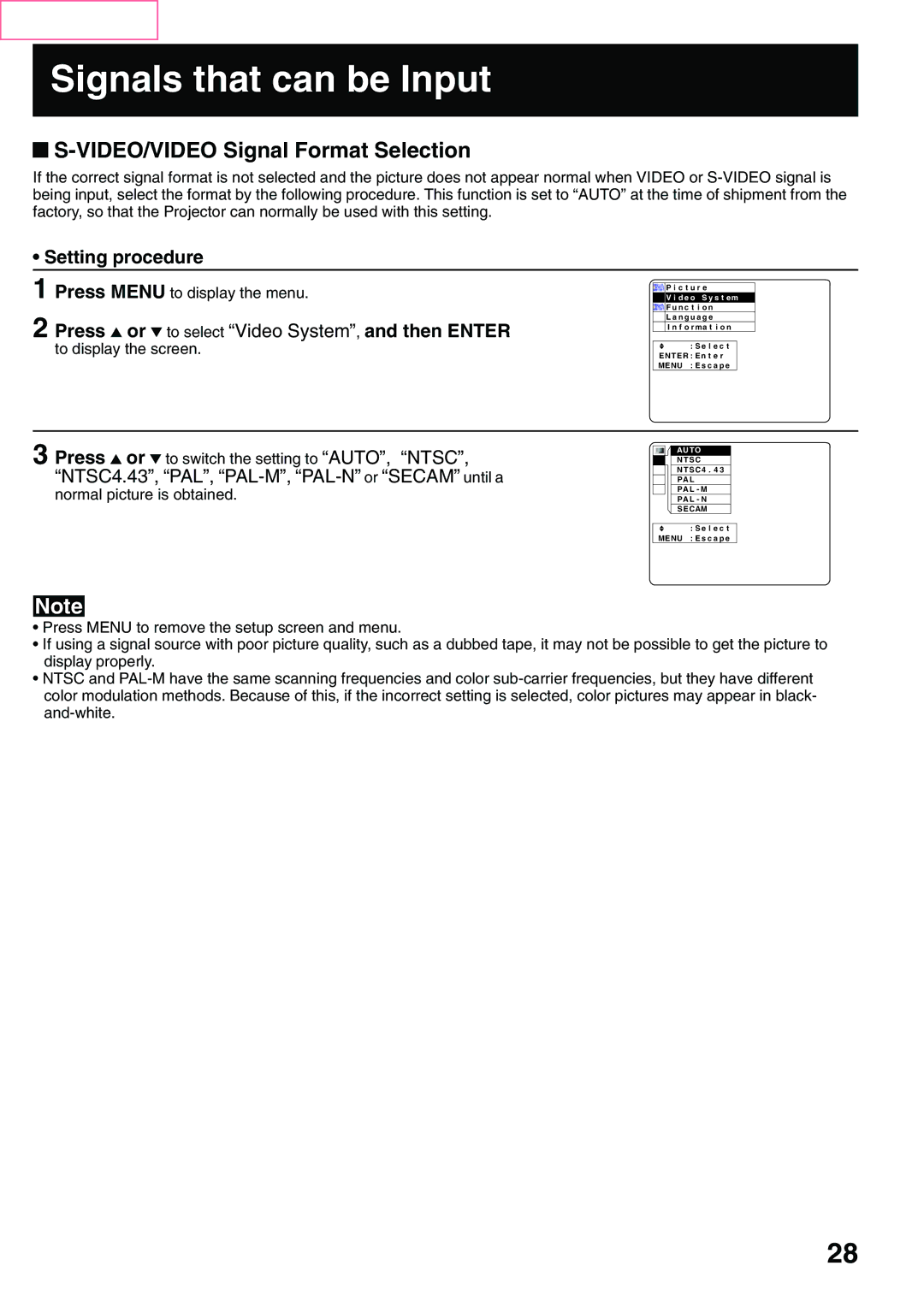 Panasonic PT-L759XU, PT-L759VU manual VIDEO/VIDEO Signal Format Selection, Setting procedure 