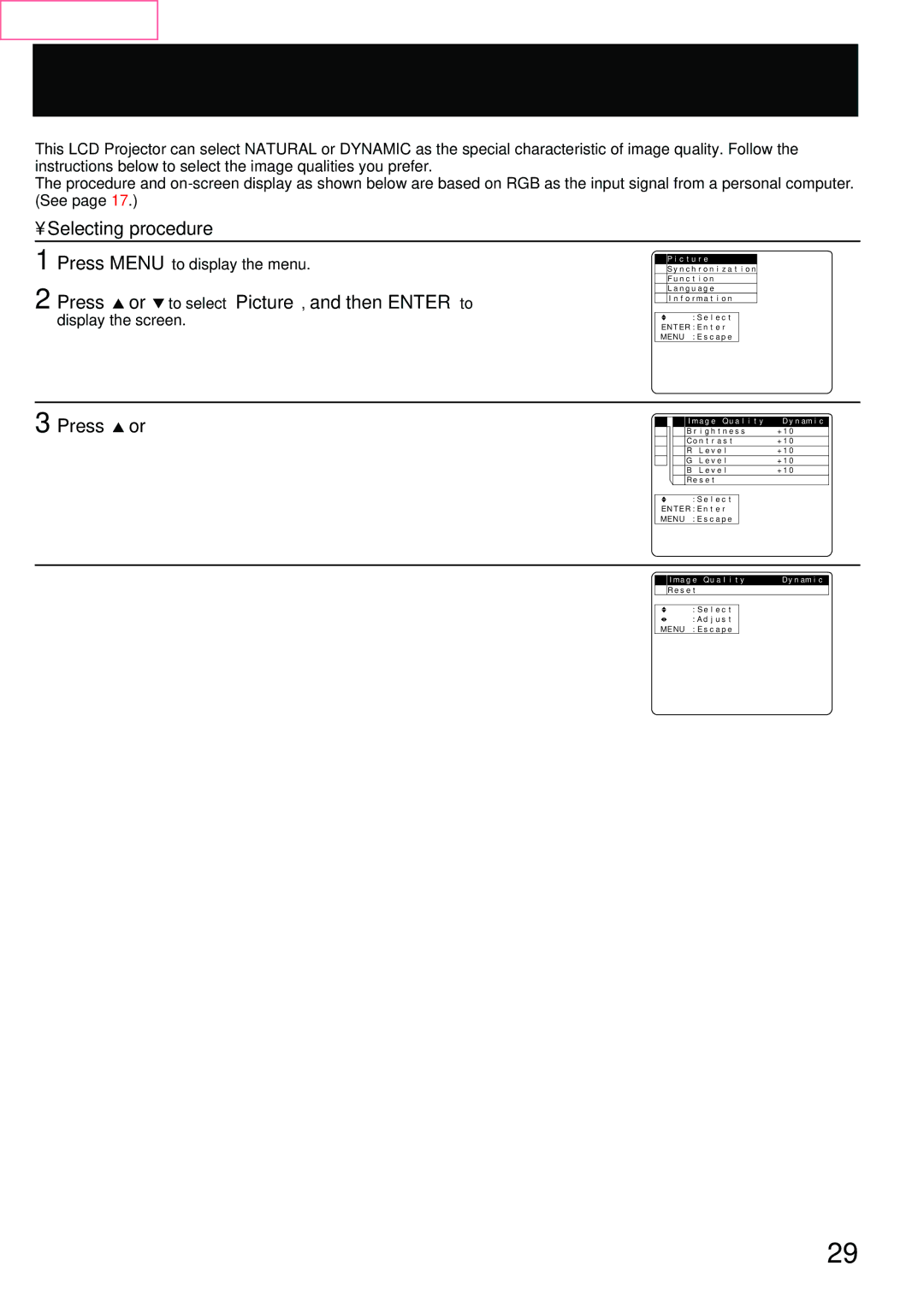 Panasonic PT-L759VU, PT-L759XU manual Selecting the Image Quality, Selecting procedure 