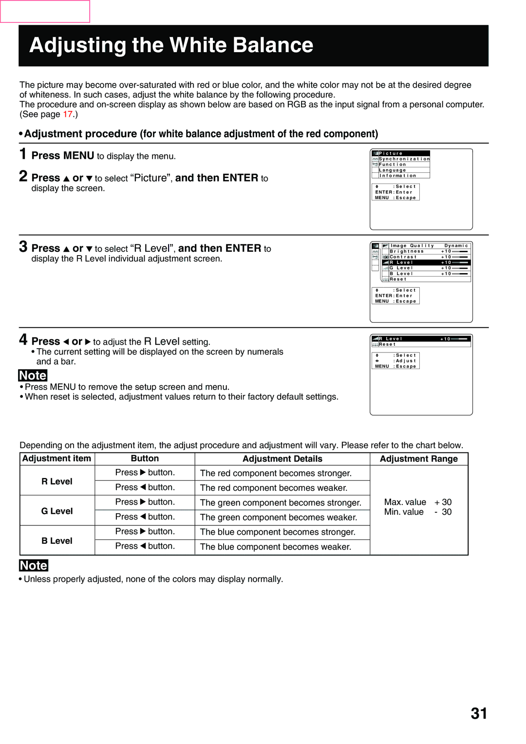 Panasonic PT-L759VU, PT-L759XU Adjusting the White Balance, Adjustment item Button Adjustment Details Adjustment Range 