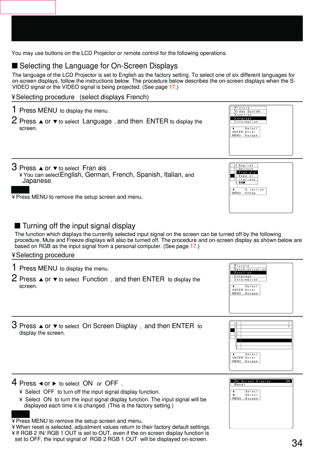 Panasonic PT-L759XU, PT-L759VU manual Using Other Useful Functions, Selecting the Language for On-Screen Displays 