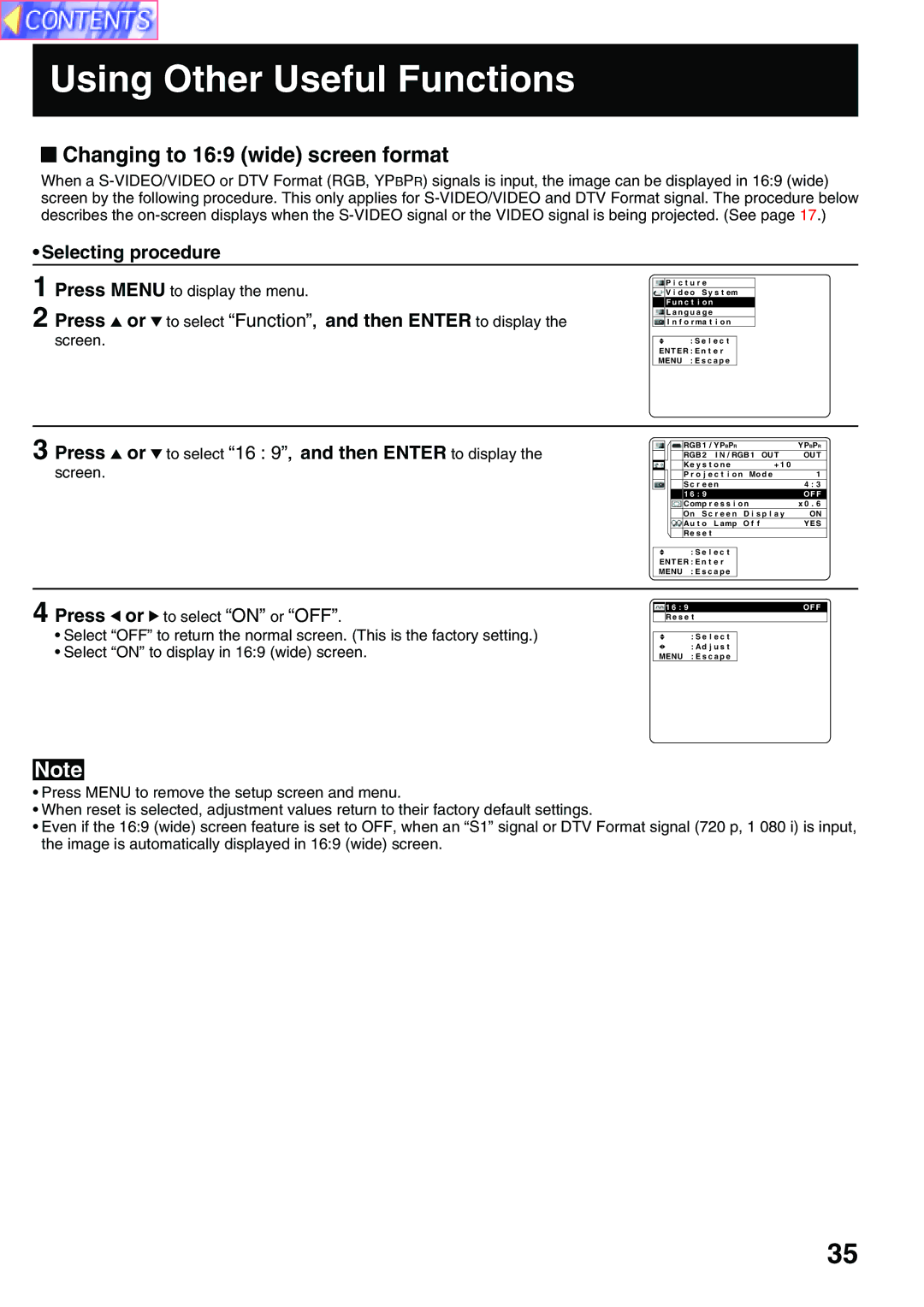 Panasonic PT-L759VU, PT-L759XU manual Changing to 169 wide screen format 