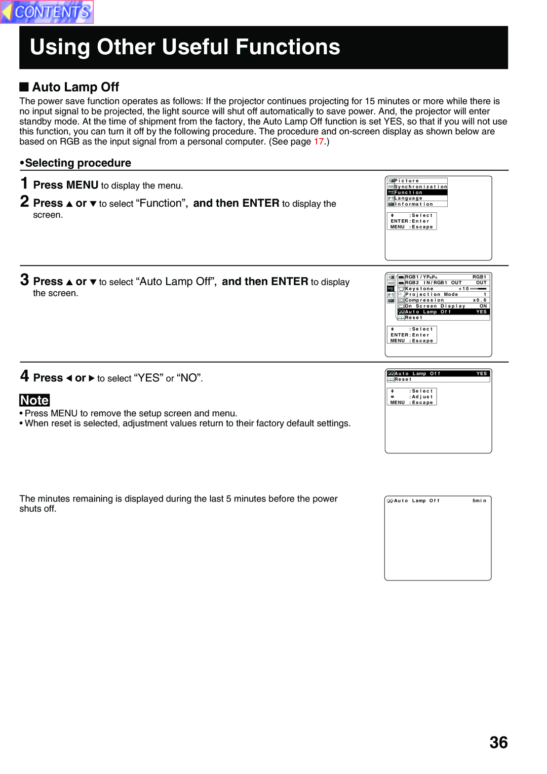 Panasonic PT-L759XU, PT-L759VU manual Press or to select Auto Lamp Off, and then Enter to display 