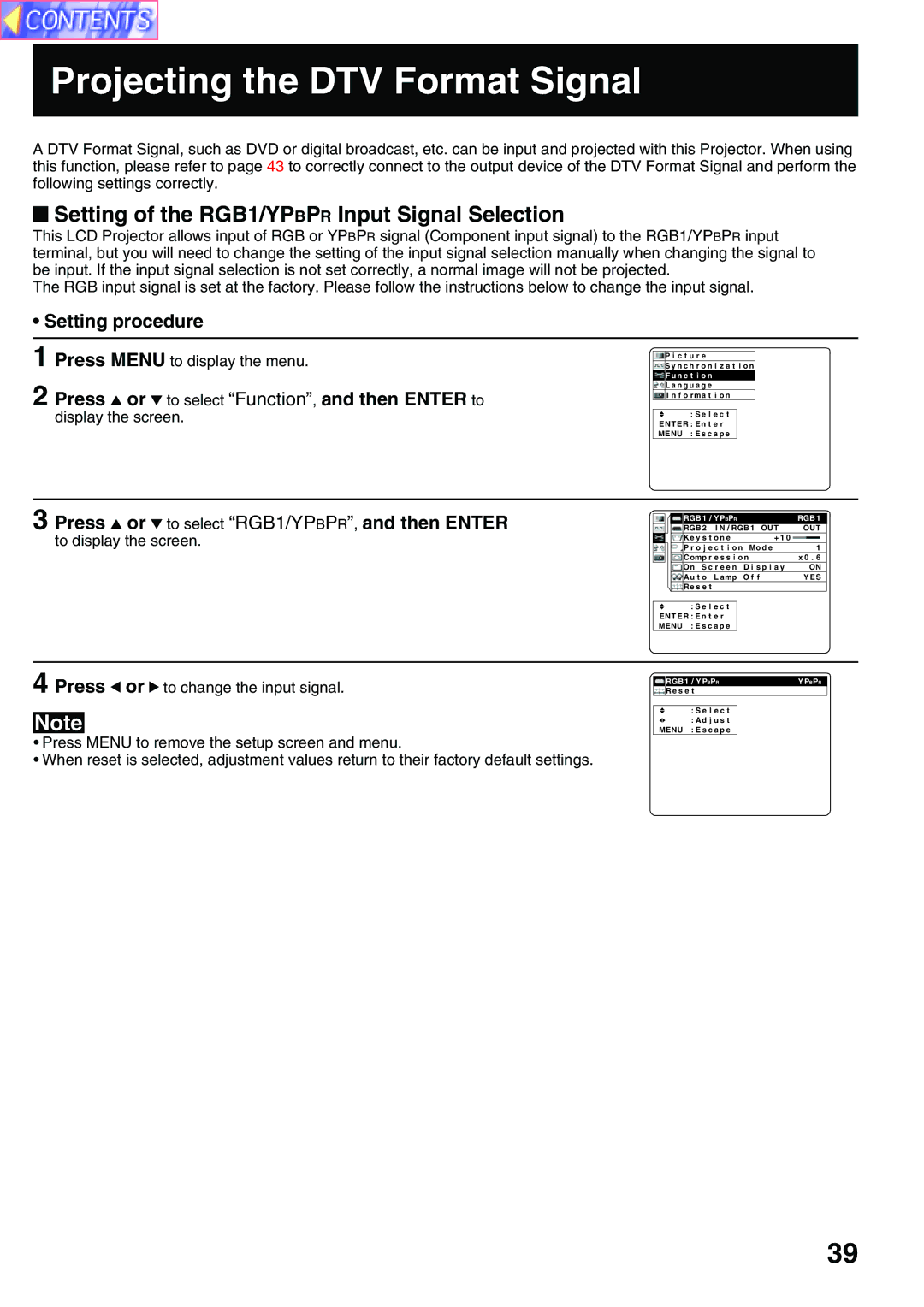 Panasonic PT-L759VU, PT-L759XU manual Projecting the DTV Format Signal, Setting of the RGB1/YPBPR Input Signal Selection 