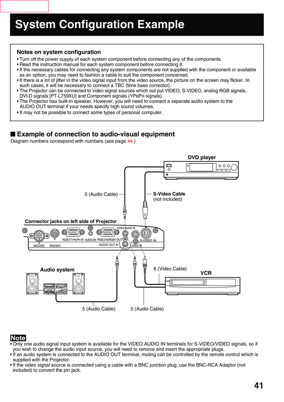 Panasonic PT-L759VU, PT-L759XU manual System Configuration Example, Example of connection to audio-visual equipment 