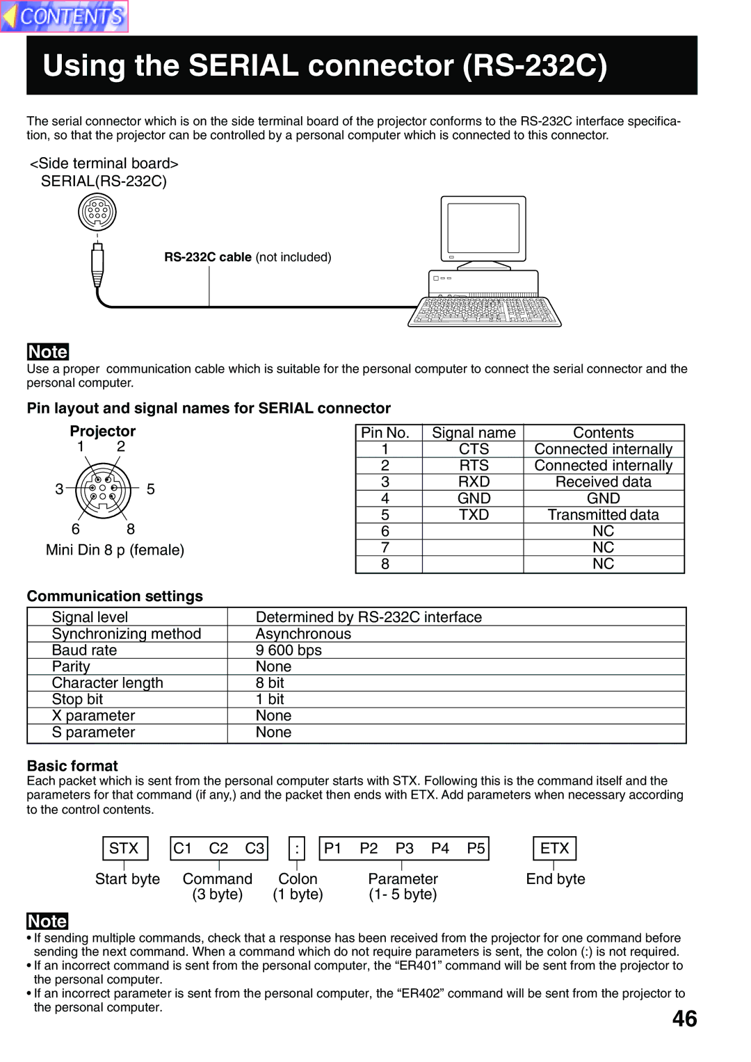 Panasonic PT-L759XU manual Using the Serial connector RS-232C, Pin layout and signal names for Serial connector Projector 