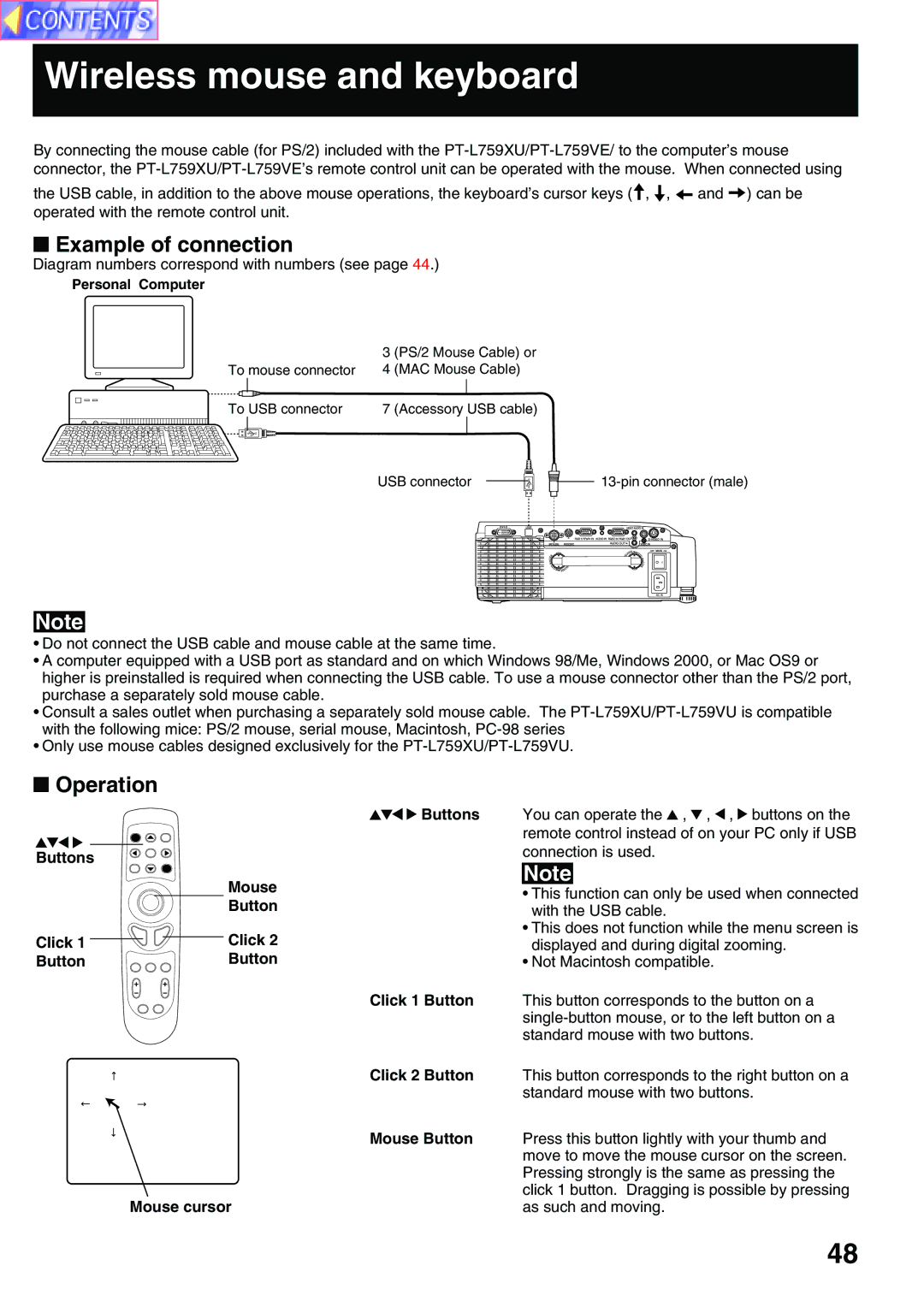 Panasonic PT-L759XU, PT-L759VU manual Wireless mouse and keyboard, Example of connection, Operation 