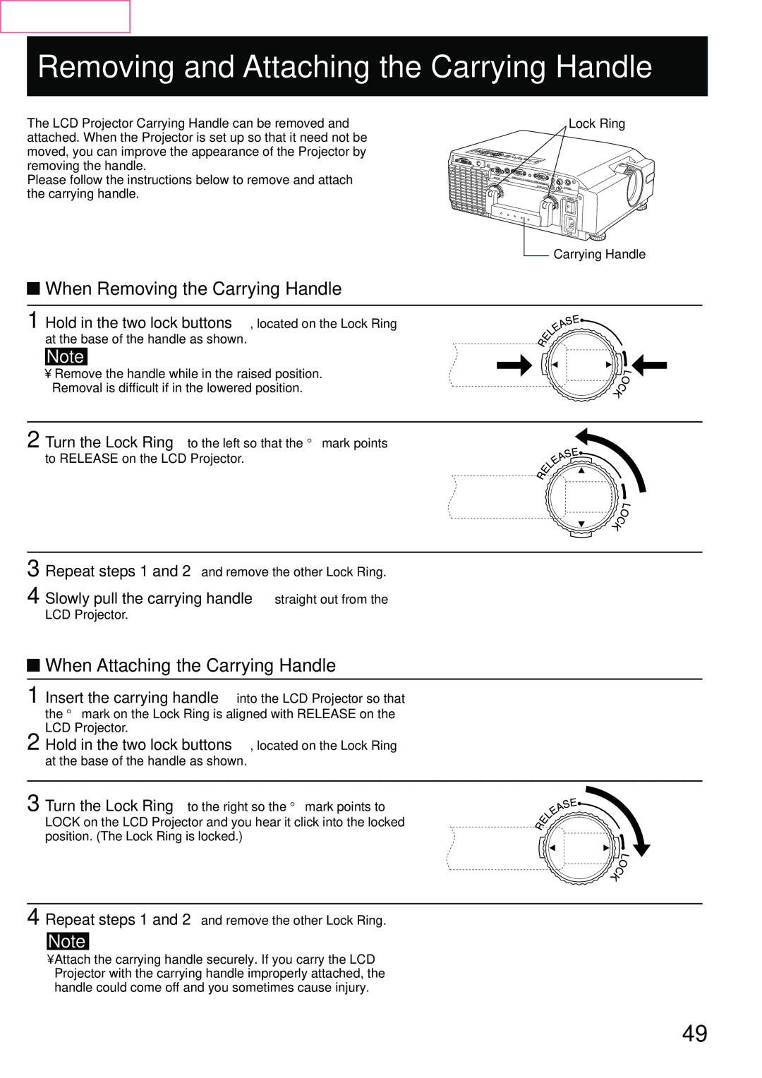 Panasonic PT-L759VU, PT-L759XU Removing and Attaching the Carrying Handle, When Removing the Carrying Handle, Lock Ring 