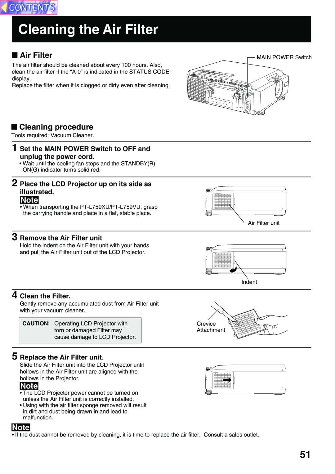 Panasonic PT-L759VU, PT-L759XU manual Cleaning the Air Filter, Cleaning procedure 