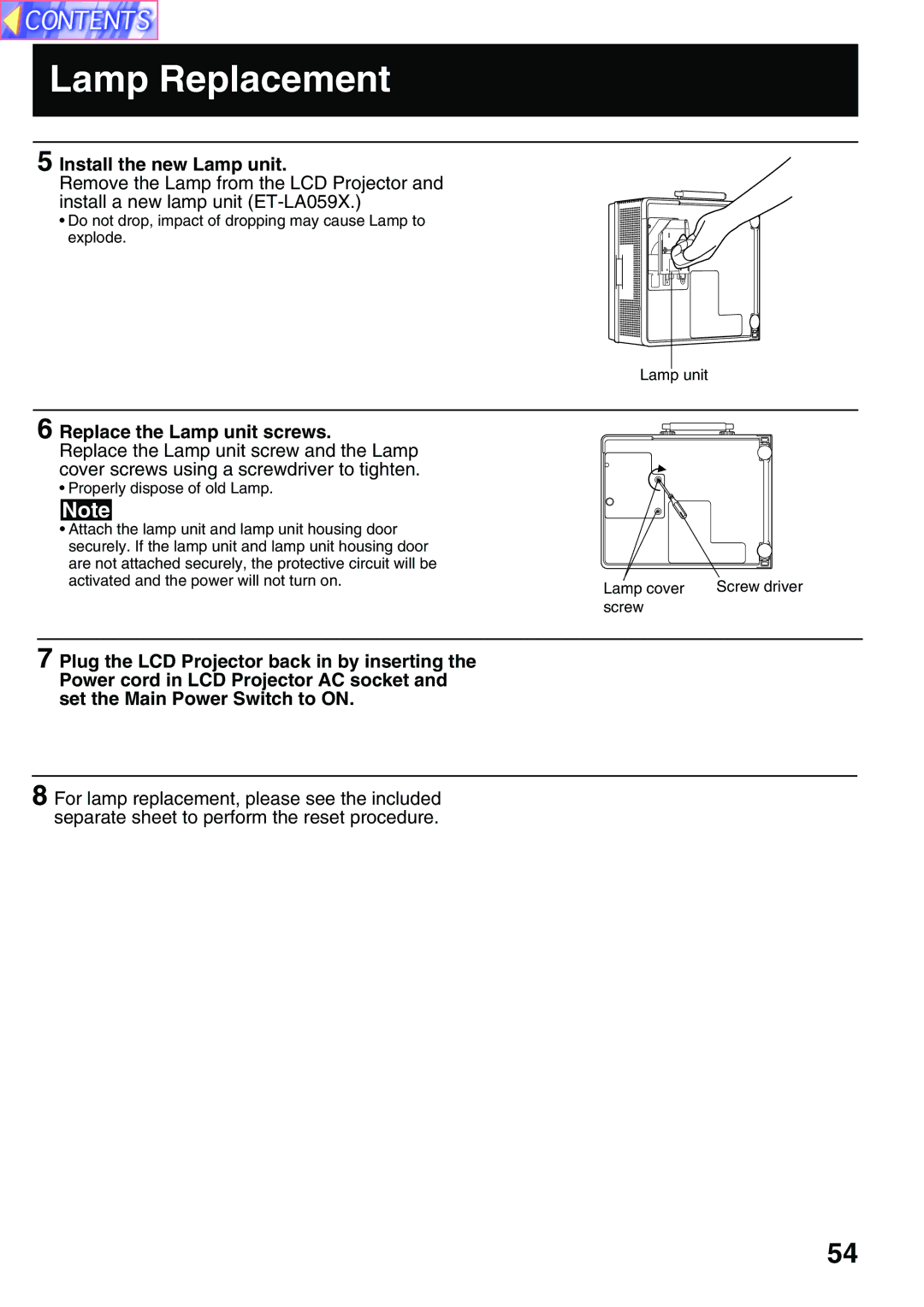 Panasonic PT-L759XU, PT-L759VU manual Install the new Lamp unit, Replace the Lamp unit screws 