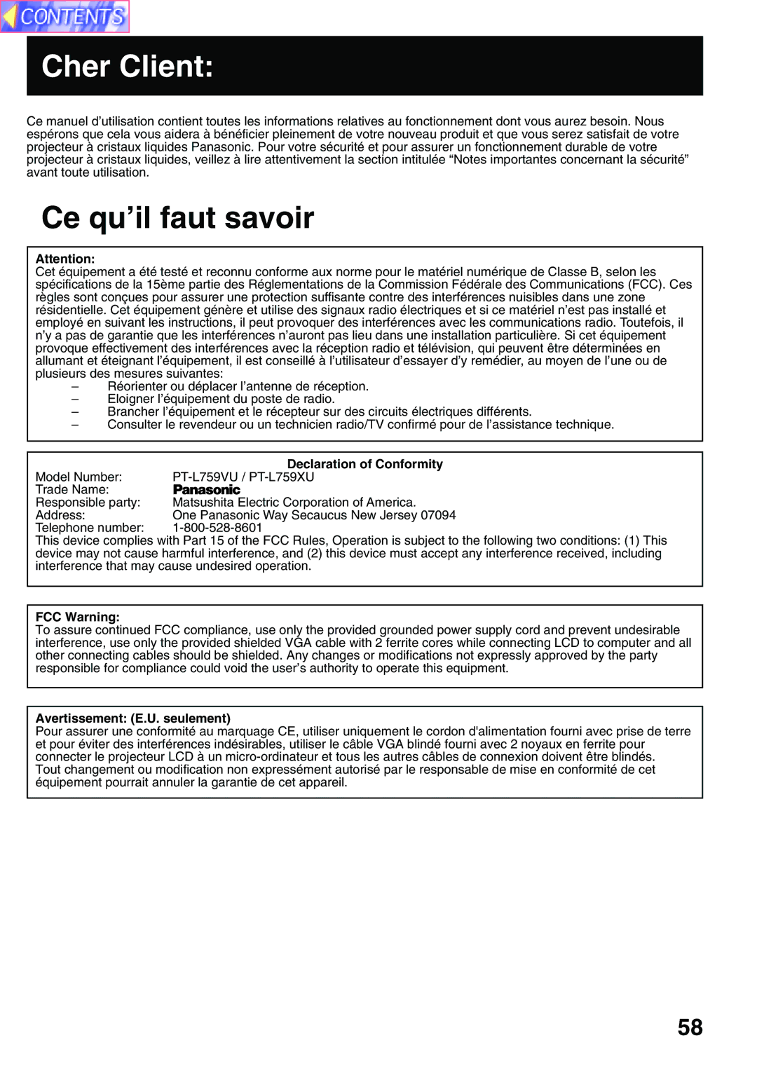 Panasonic PT-L759XU, PT-L759VU manual Cher Client, Avertissement E.U. seulement 