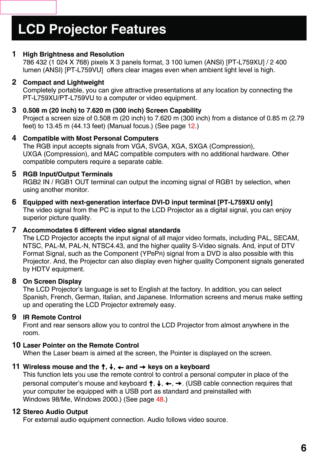 Panasonic PT-L759XU, PT-L759VU manual LCD Projector Features 