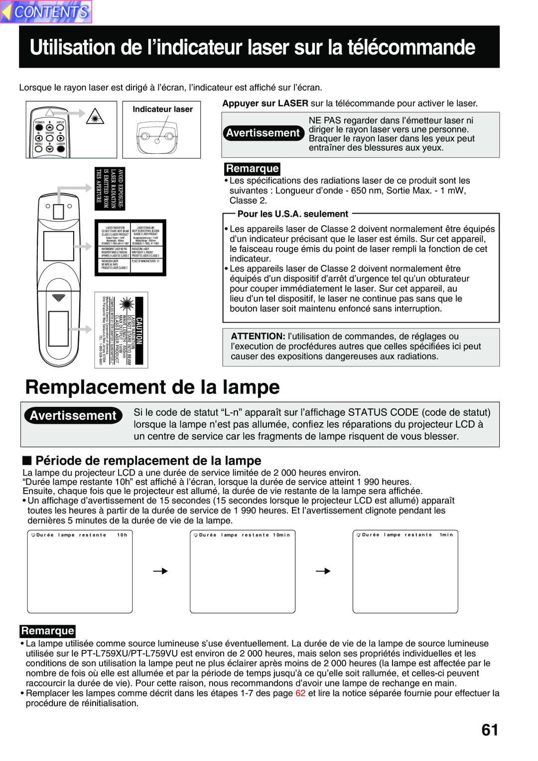 Panasonic PT-L759VU, PT-L759XU manual Période de remplacement de la lampe, Pour les U.S.A. seulement 