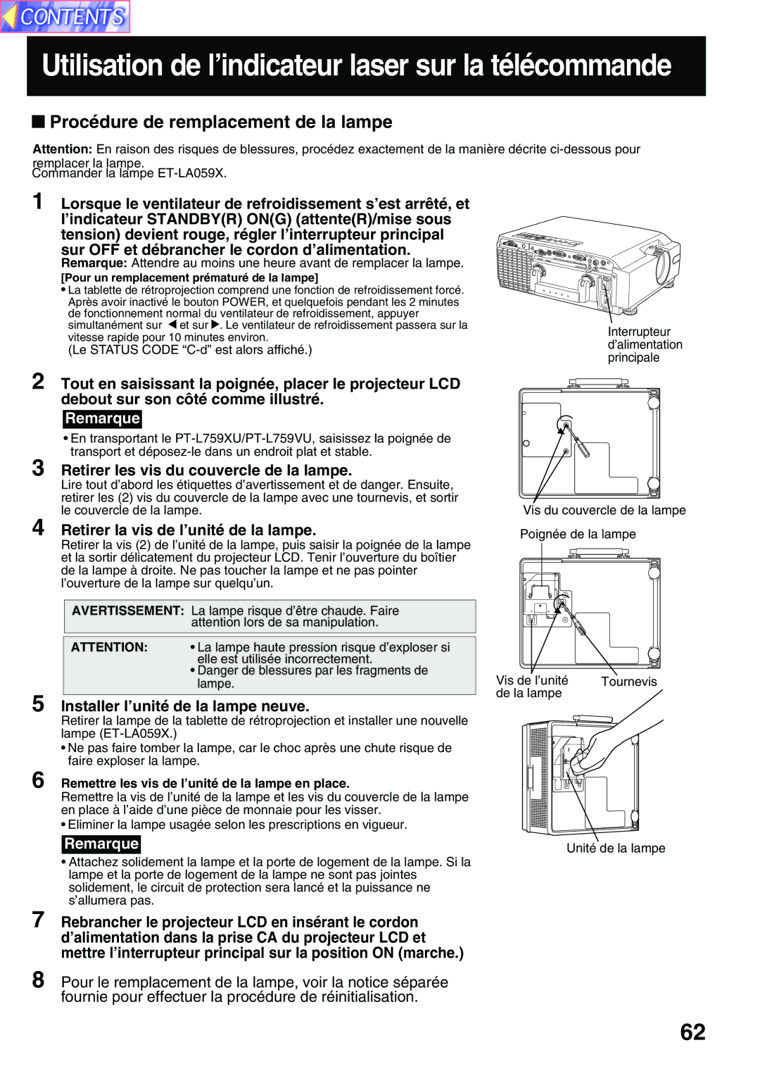 Panasonic PT-L759XU, PT-L759VU manual Procédure de remplacement de la lampe, Retirer les vis du couvercle de la lampe 