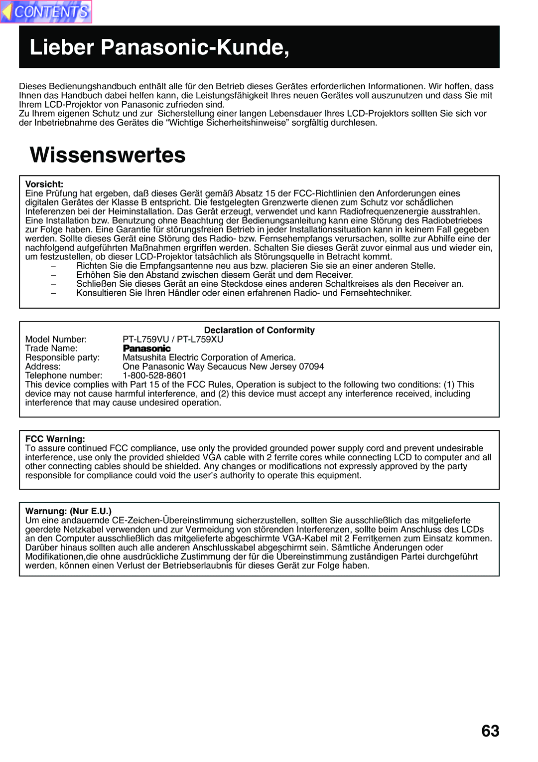 Panasonic PT-L759VU, PT-L759XU manual Lieber Panasonic-Kunde, Vorsicht, Warnung Nur E.U 