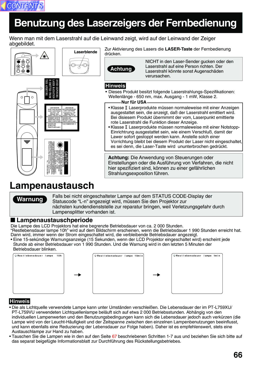 Panasonic PT-L759XU, PT-L759VU manual Benutzung des Laserzeigers der Fernbedienung, Lampenaustauschperiode, Nur für USA 