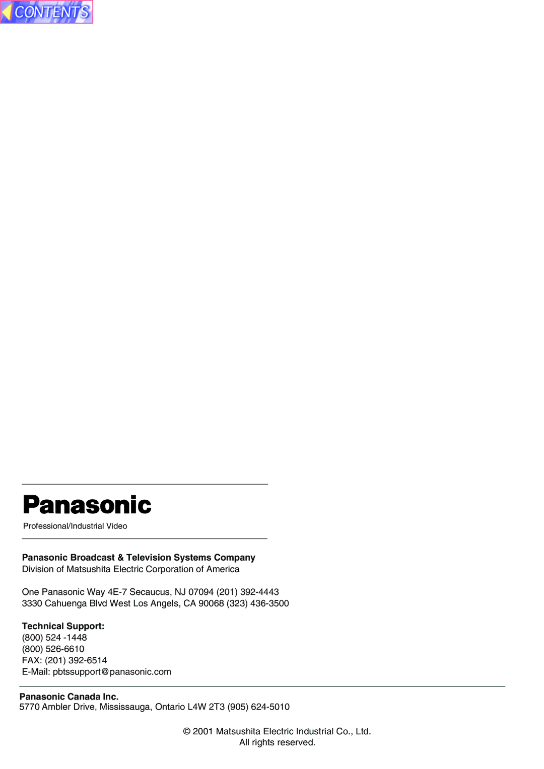 Panasonic PT-L759XU, PT-L759VU Panasonic Broadcast & Television Systems Company, Technical Support, Panasonic Canada Inc 