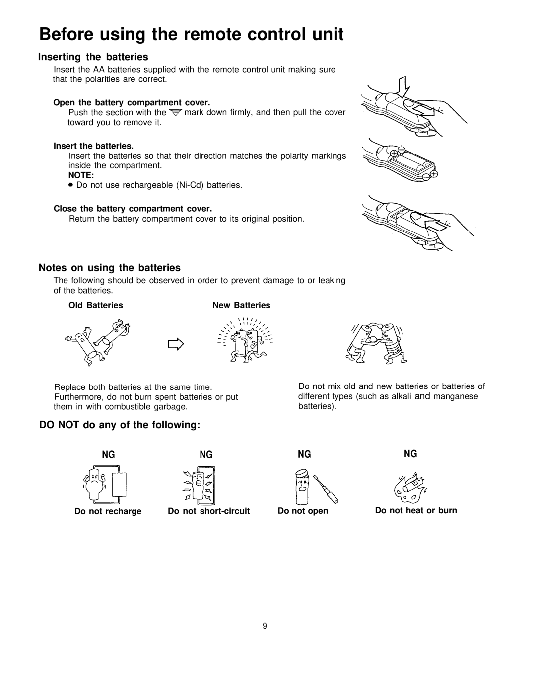 Panasonic PT-L795U manual Before using the remote control unit, Inserting the batteries, Do not do any of the following 