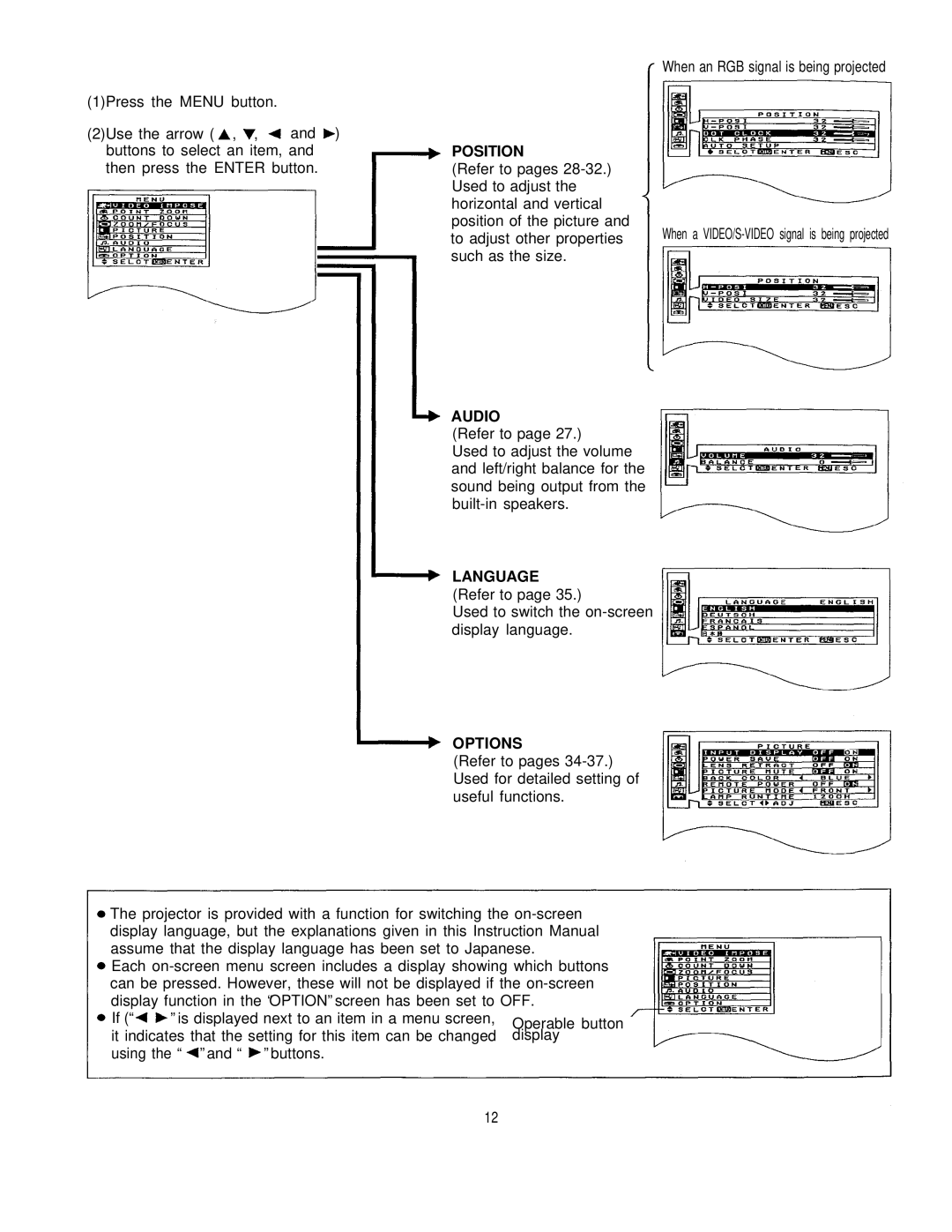 Panasonic PT-L795U manual Position, Audio, Language Refer to, Options 