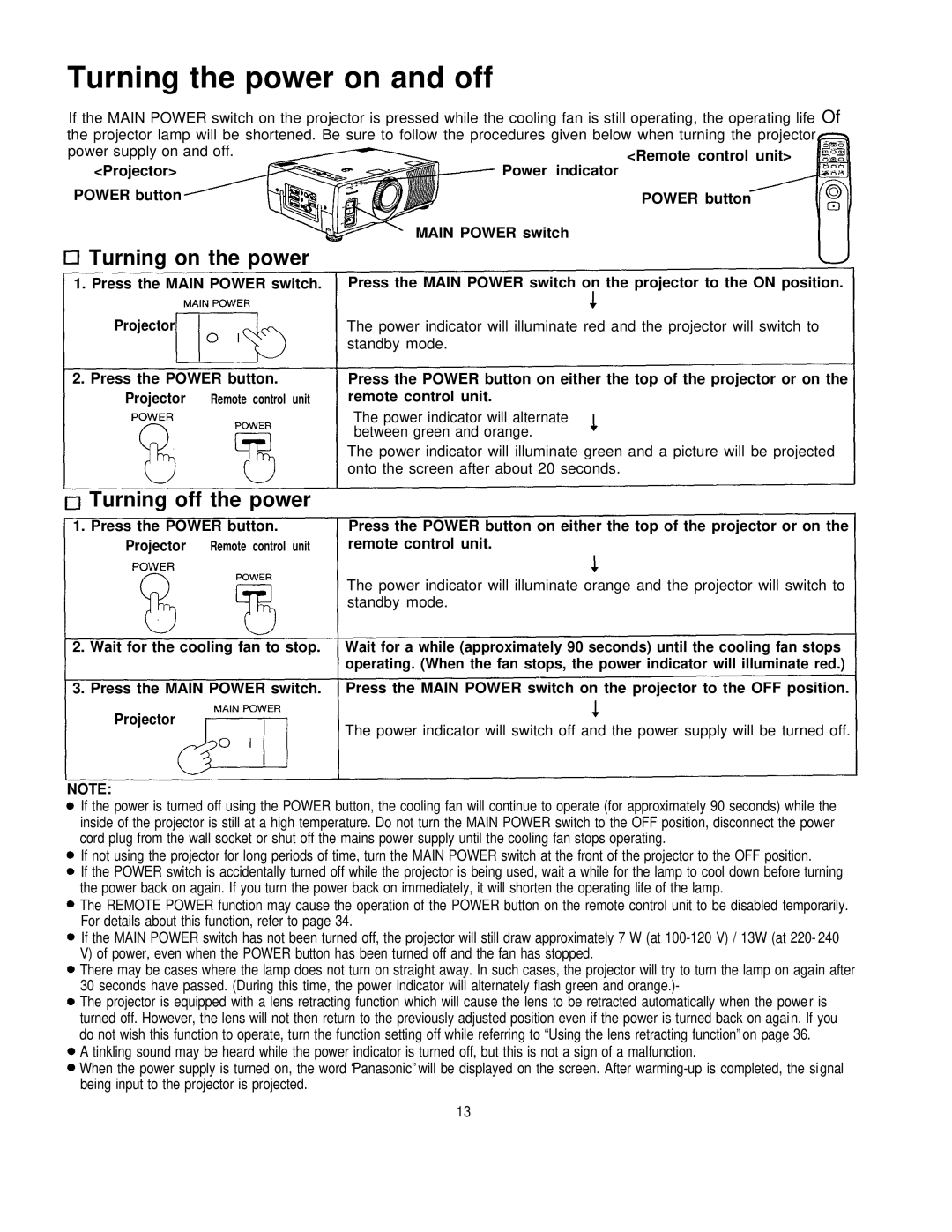 Panasonic PT-L795U manual Turning the power on and off, Turning on the power, Turning off the power 