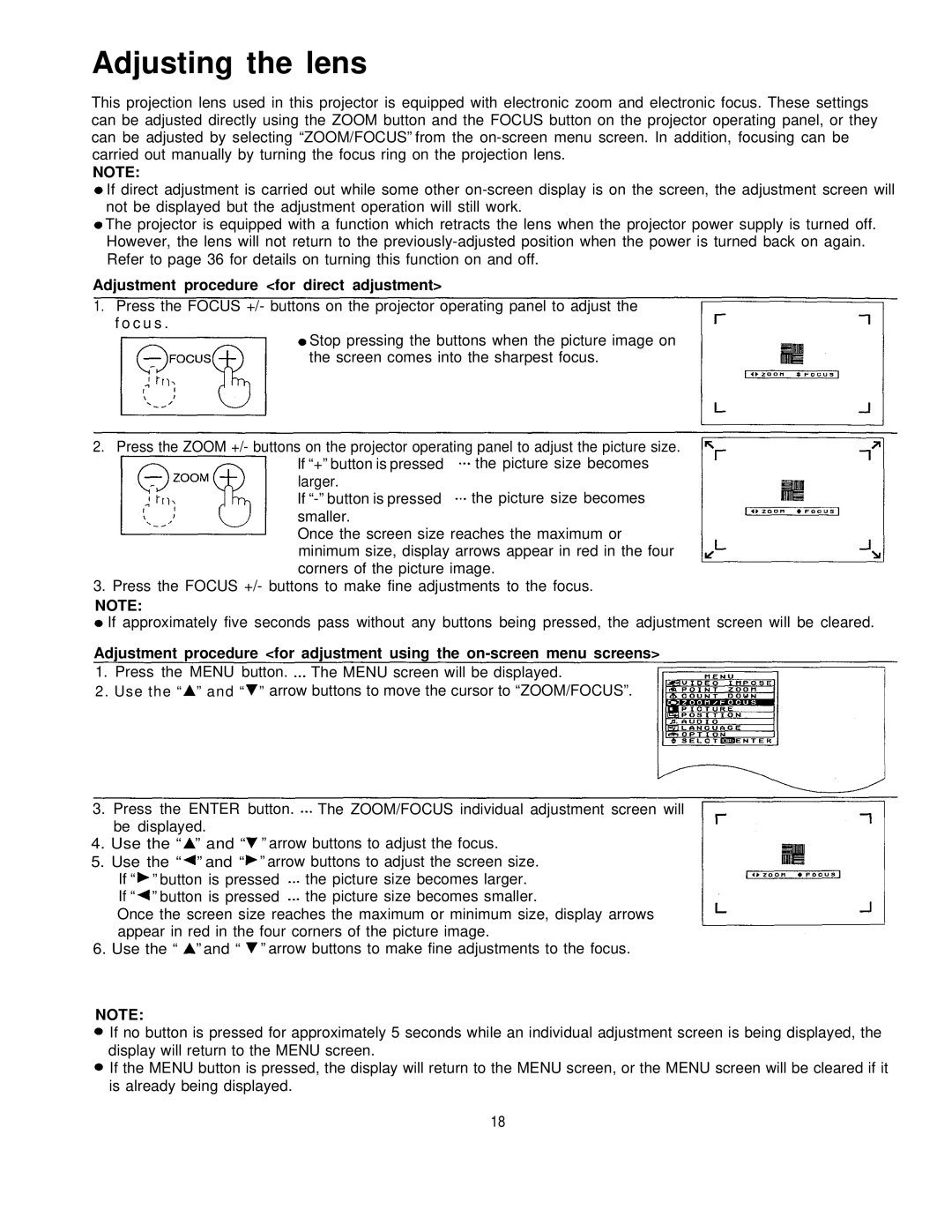 Panasonic PT-L795U manual Adjusting the lens, Adjustment procedure for direct adjustment 