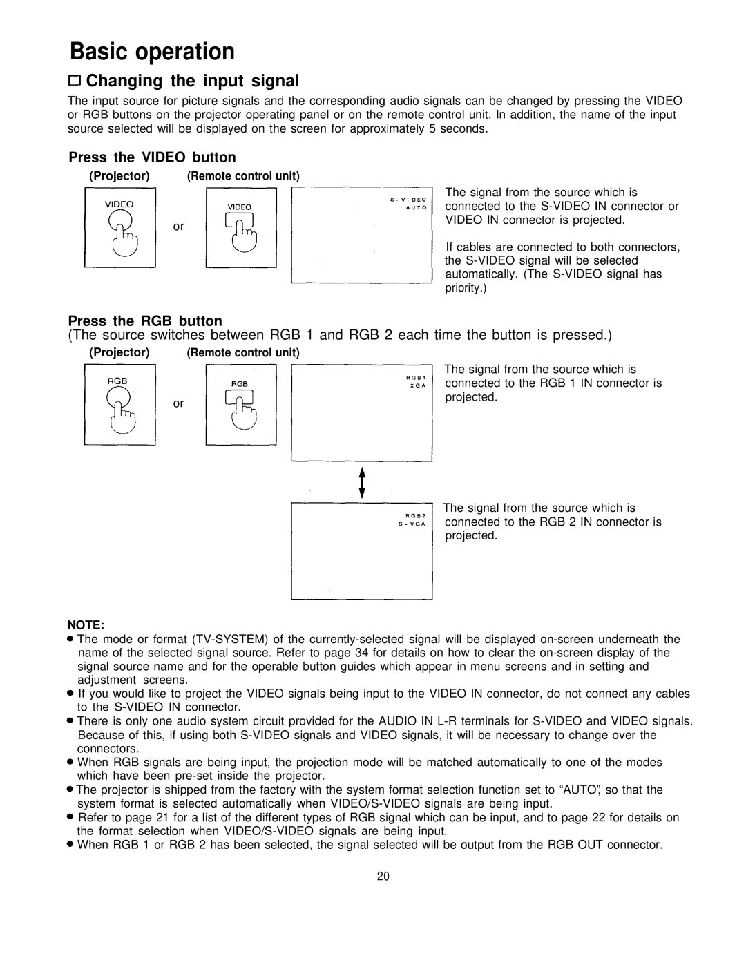 Panasonic PT-L795U manual Basic operation, Changing the input signal, Press the Video button, Press the RGB button 