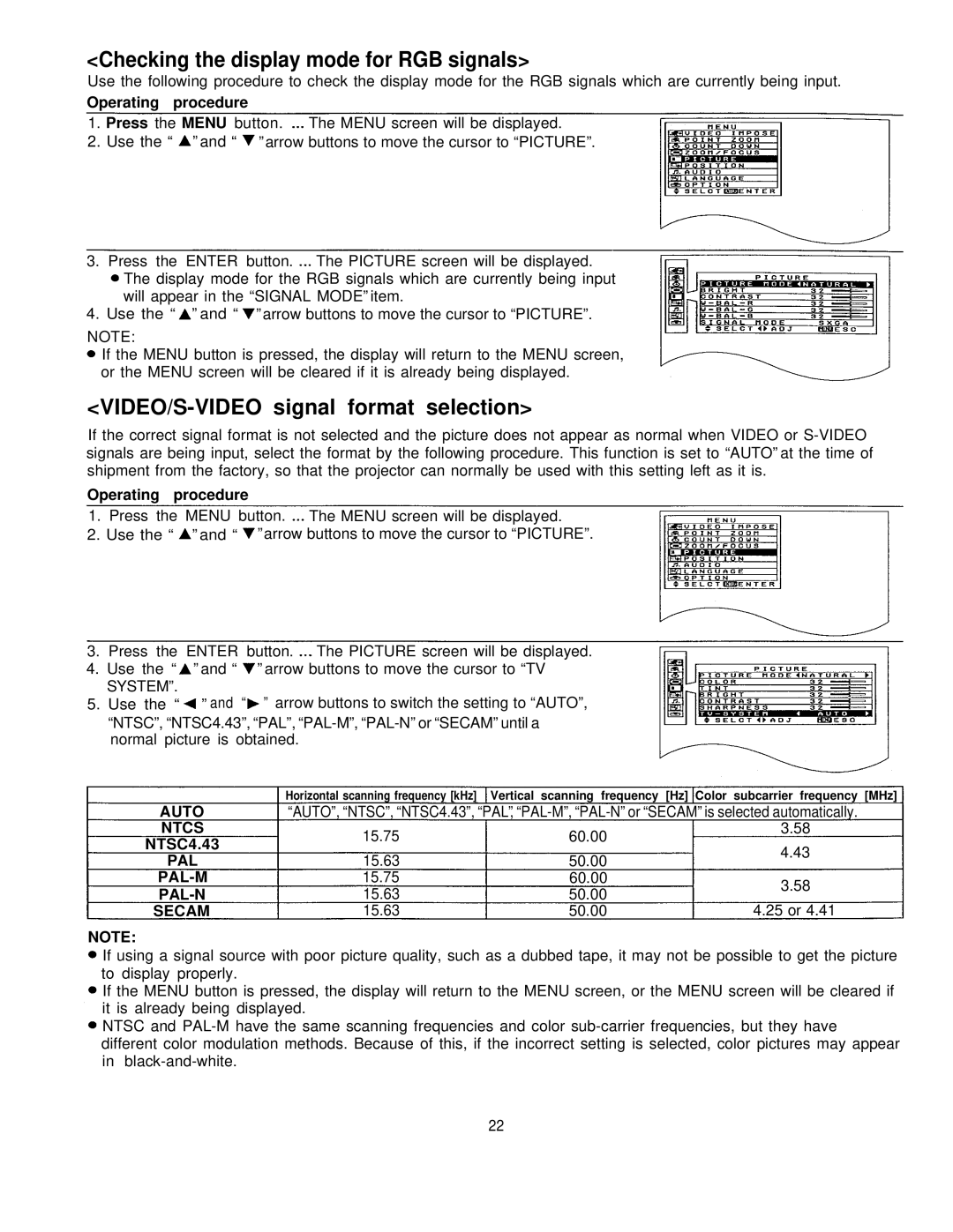 Panasonic PT-L795U manual Operating procedure, Auto Ntcs, NTSC4.43, PAL PAL-M PAL-N Secam 