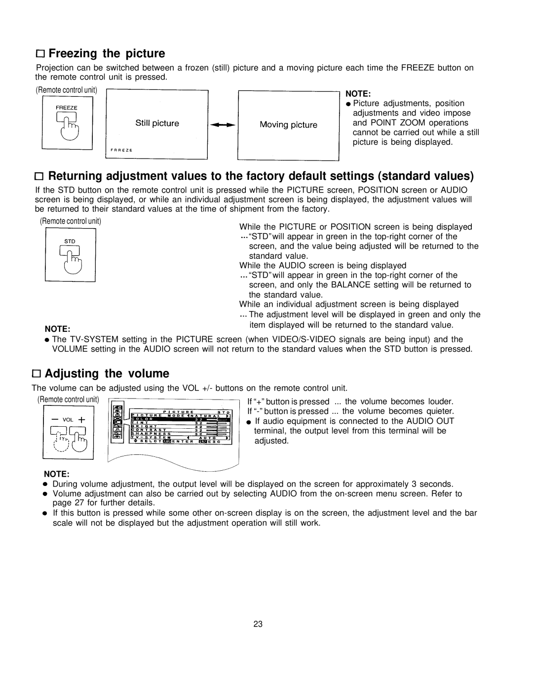 Panasonic PT-L795U manual Freezing the picture, Adjusting the volume 