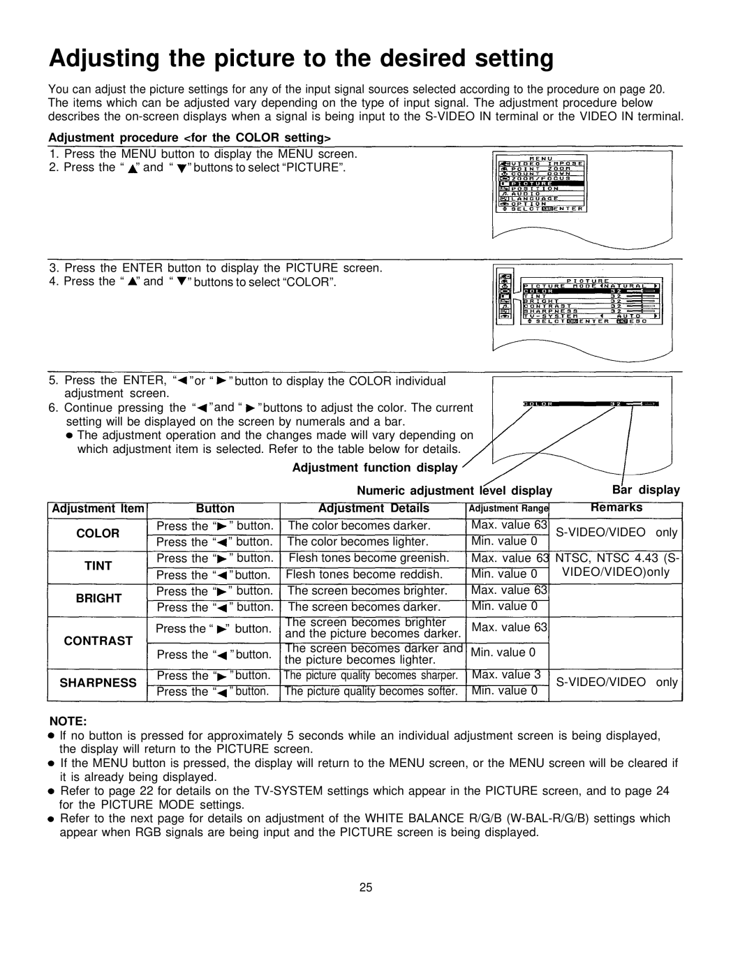 Panasonic PT-L795U manual Adjusting the picture to the desired setting 