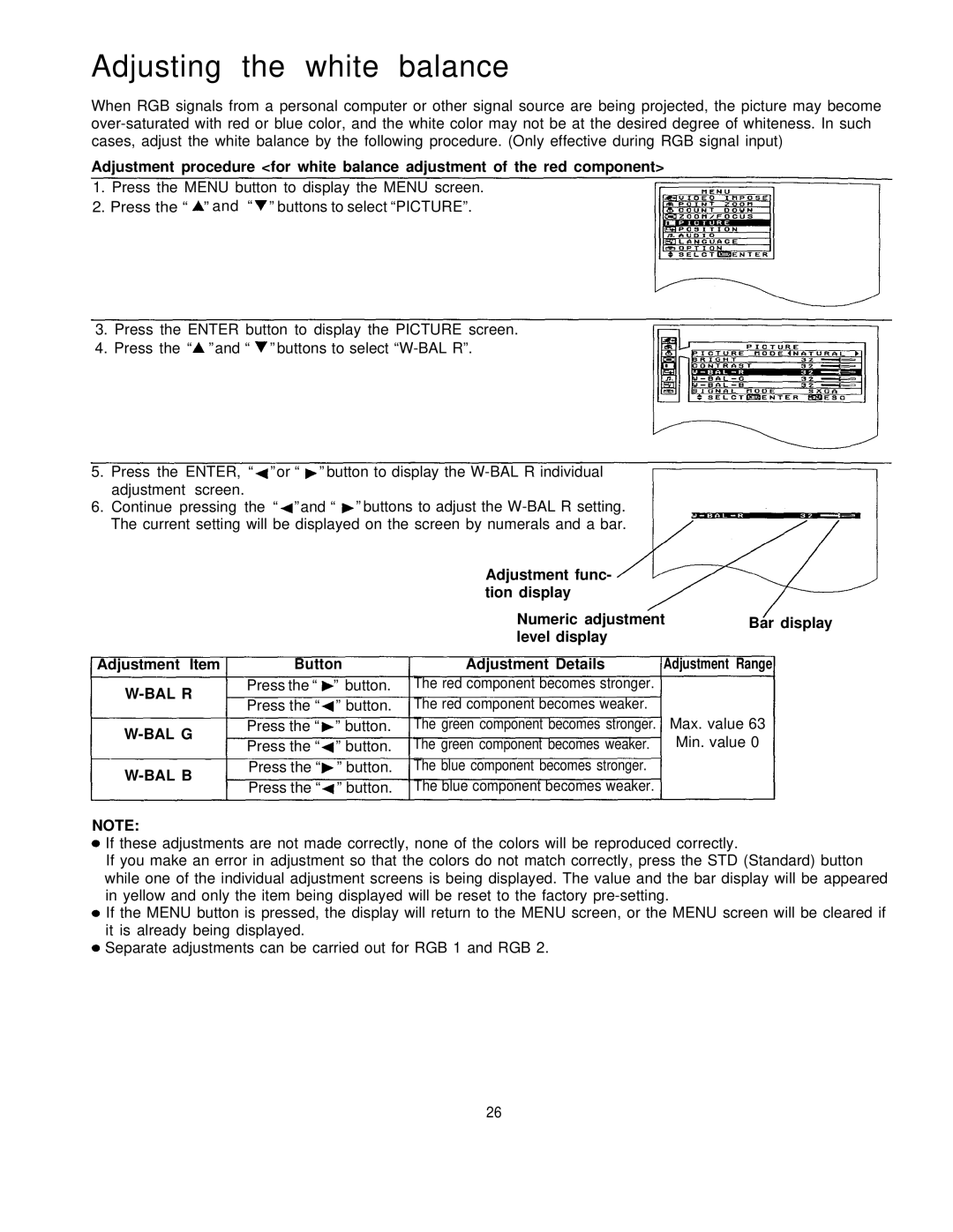 Panasonic PT-L795U manual Bal R Bal G Bal B, Adjustment Range 